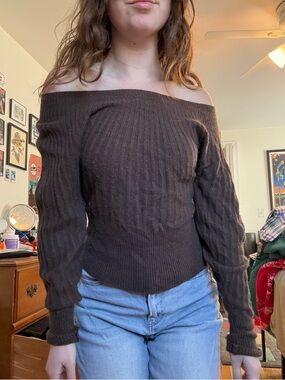 Brown off the shoulder knit sweater